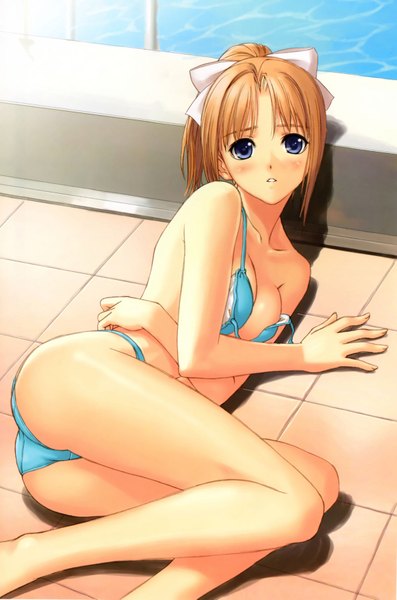 Anime picture 1200x1813 with after shiomiya kanami tony taka single long hair tall image blush breasts open mouth blue eyes light erotic blonde hair bare shoulders scan bare legs girl swimsuit bikini pool