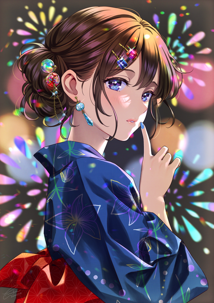 Anime picture 1157x1637 with original morikura en single tall image looking at viewer blush fringe short hair blue eyes brown hair signed upper body nail polish traditional clothes parted lips japanese clothes arm up fingernails sparkle hair bun (hair buns)