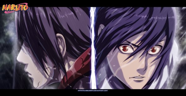 Anime picture 1080x560 with naruto studio pierrot naruto (series) uchiha sasuke uchiha itachi silvercore94 short hair black hair red eyes wide image profile inscription coloring rain face multiview akatsuki sharingan manga boy