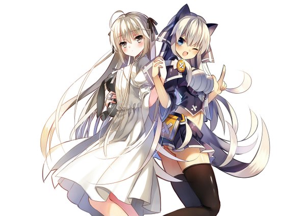 Anime picture 1403x992 with yosuga no sora kasugano sora jiji (381134808) long hair looking at viewer blush fringe open mouth blue eyes simple background white background multiple girls holding silver hair ahoge pleated skirt one eye closed wink grey eyes holding hands