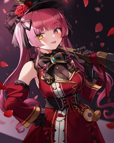 Anime picture 1200x1505 with virtual youtuber hololive houshou marine houshou marine (3rd costume) kokko (kokko3045) single long hair tall image looking at viewer blush breasts large breasts twintails payot red hair hand on hip heterochromia official alternate costume shaded face weapon over shoulder
