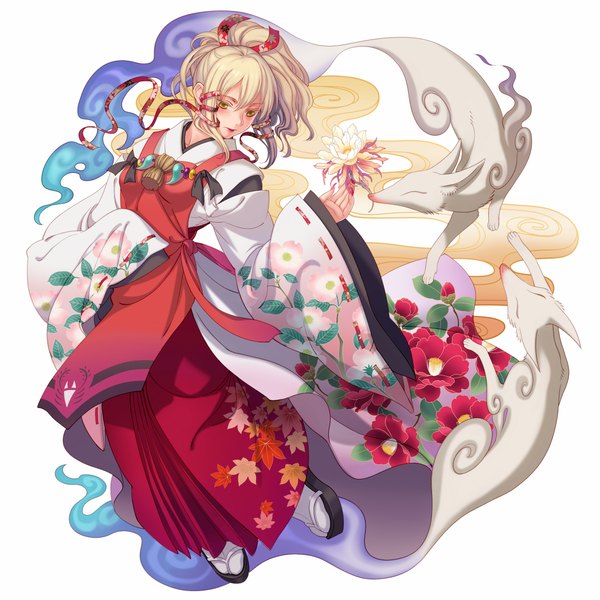 Anime picture 2362x2362 with inari konkon koi iroha production ims ukanomitama no kami eclosion long hair blush highres blonde hair yellow eyes traditional clothes girl flower (flowers) ribbon (ribbons) hair ribbon animal fox