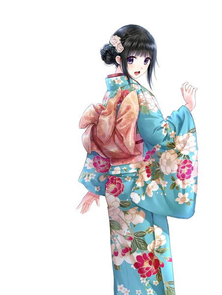 Anime picture 753x1000 with original kazuharu kina single tall image blush short hair open mouth black hair simple background white background purple eyes traditional clothes japanese clothes hair flower girl hair ornament flower (flowers) kimono obi