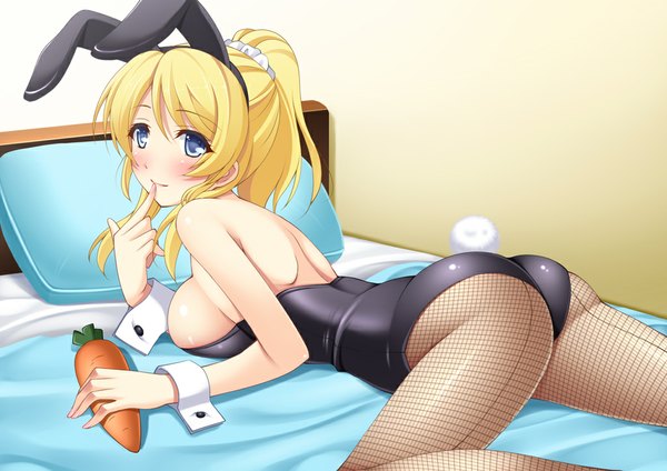 Anime picture 1024x724 with love live! school idol project sunrise (studio) love live! ayase eli narutaki shin single long hair blush breasts blue eyes light erotic blonde hair large breasts bare shoulders animal ears ass ponytail lying bunny ears finger to mouth