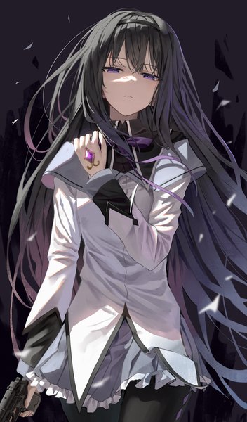Anime picture 1200x2046 with mahou shoujo madoka magica shaft (studio) akemi homura superpig (wlstjqdla) single long hair tall image looking at viewer fringe black hair simple background hair between eyes standing purple eyes holding long sleeves pleated skirt floating hair black background frilly skirt