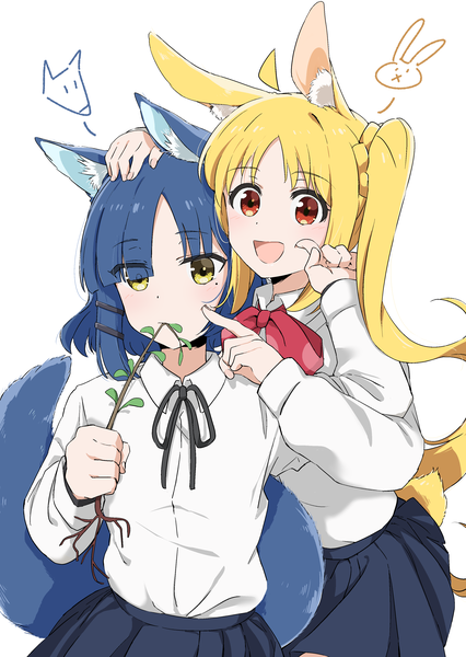 Anime picture 2700x3800 with bocchi the rock! cloverworks ijichi nijika yamada ryou kuroe rei long hair tall image highres short hair open mouth simple background blonde hair red eyes white background multiple girls animal ears yellow eyes blue hair ahoge tail