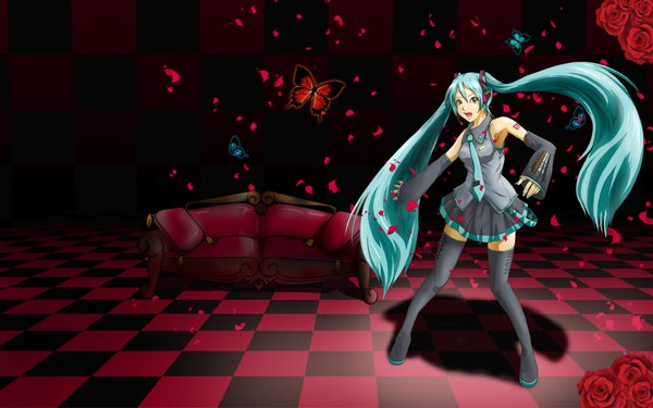 Anime picture 1920x1200 with vocaloid hatsune miku long hair highres smile wide image twintails bare shoulders very long hair pleated skirt aqua eyes aqua hair shadow zettai ryouiki checkered floor checkered background girl flower (flowers) petals necktie
