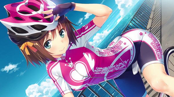 Anime picture 1920x1080 with minami-kamakura koukou joshi jitensha-bu maiharu hiromi yuuki hagure single looking at viewer highres short hair blue eyes smile brown hair wide image sky cloud (clouds) outdoors leaning leaning forward character names horizon clothes writing end card