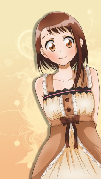 Anime picture 1413x2500 with nisekoi shaft (studio) onodera kosaki nobume single tall image looking at viewer blush short hair smile brown hair brown eyes sleeveless coloring girl dress