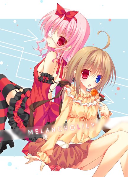 Anime picture 765x1059 with original nakada rumi long hair tall image blush open mouth red eyes brown hair sitting multiple girls pink hair ahoge girl thighhighs dress bow 2 girls hair bow food sweets