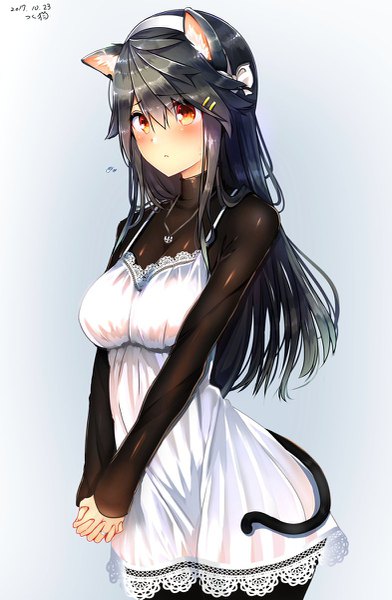 Anime picture 785x1200 with kantai collection haruna battleship tsukui kachou single long hair tall image blush fringe breasts black hair simple background hair between eyes standing brown eyes animal ears looking away tail animal tail cat ears cat girl