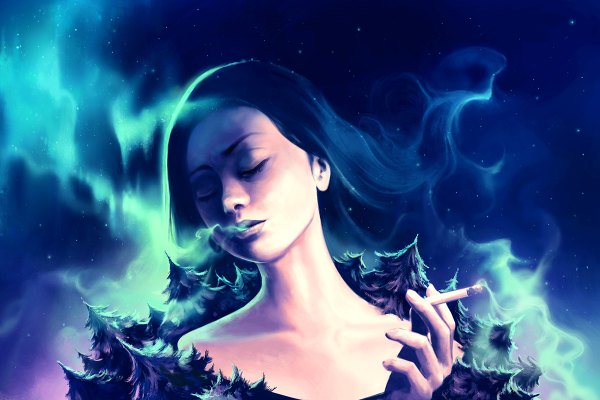 Anime picture 1200x800 with original aquasixio (artist) single long hair open mouth black hair eyes closed realistic night night sky turning head portrait smoke smoking girl star (stars) cigarette