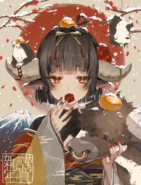 Anime picture 2894x3777 with original harui (hr x9 ) single tall image looking at viewer fringe highres short hair black hair red eyes animal ears upper body ahoge red hair blunt bangs nail polish traditional clothes japanese clothes hair flower horn (horns)