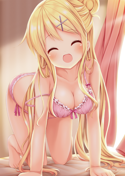 Anime-Bild 1200x1678 mit kin-iro mosaic kujou karen minato (ojitan gozaru) single long hair tall image blush fringe open mouth light erotic blonde hair cleavage indoors eyes closed :d sunlight hair bun (hair buns) underwear only happy strap slip