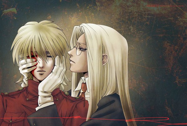 Anime picture 1280x864 with hellsing seras victoria integra wingates hellsing solid&etc long hair short hair simple background blonde hair multiple girls looking away upper body eyes closed long sleeves profile black eyes blood on face hands on face girl gloves 2 girls