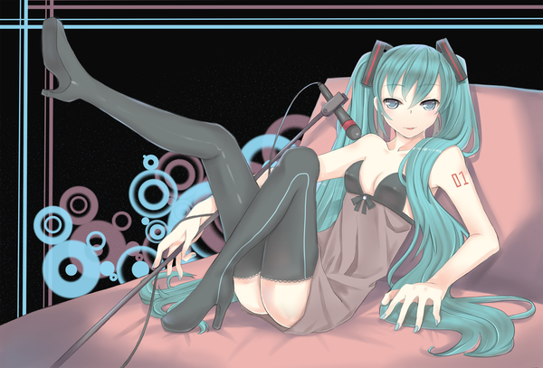 Anime picture 1800x1221 with vocaloid hatsune miku hino (artist) long hair highres light erotic twintails cleavage aqua eyes aqua hair girl thigh boots microphone microphone stand