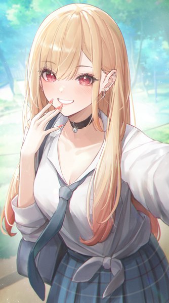 Anime picture 1800x3237 with sono bisque doll wa koi wo suru cloverworks kitagawa marin lunia single long hair tall image looking at viewer blush fringe highres breasts blonde hair smile hair between eyes red eyes standing payot cleavage outdoors