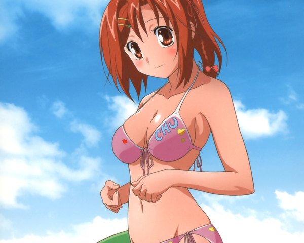 Anime picture 1600x1280 with happiness kamisaka haruhi looking at viewer blush short hair light erotic brown hair brown eyes sky cloud (clouds) girl navel hair ornament swimsuit bikini bobby pin