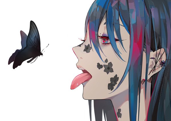 Anime picture 1600x1131 with original lam (ramdayo) single long hair fringe open mouth simple background red eyes white background blue hair upper body profile multicolored hair piercing floral print ear piercing face multicolored eyes face paint girl