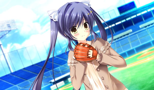 Anime picture 1024x600 with da capo iii rukawa sara takano yuki (allegro mistic) single long hair looking at viewer blush wide image twintails yellow eyes blue hair game cg baseball girl dress bow hair bow baseball mitt