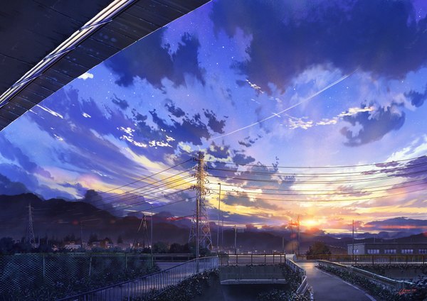 Anime picture 1920x1357 with original niko p highres sky cloud (clouds) sunlight evening sunset mountain no people landscape scenic star (stars) fence railing power lines lamppost chain-link fence traffic lights