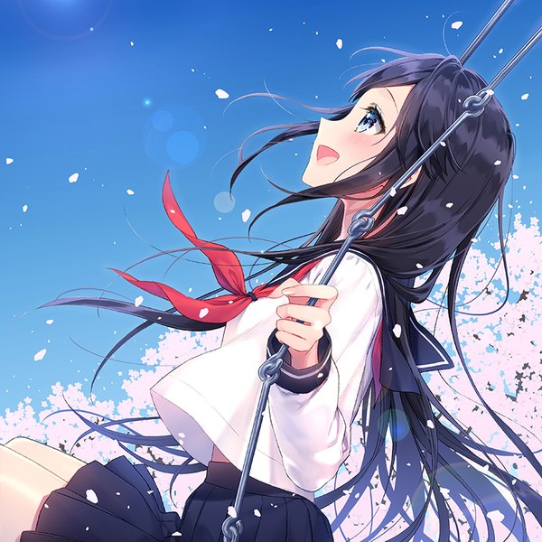 Anime picture 800x800 with original masuishi kinoto single long hair blush fringe open mouth blue eyes black hair sitting sky outdoors long sleeves :d profile pleated skirt wind midriff cherry blossoms lens flare