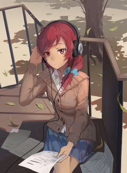 Anime picture 2280x3107 with love live! school idol project sunrise (studio) love live! nishikino maki huanxiang heitu single long hair tall image looking at viewer highres red eyes sitting ponytail red hair crossed legs plaid skirt hand on headphones girl skirt plant (plants)