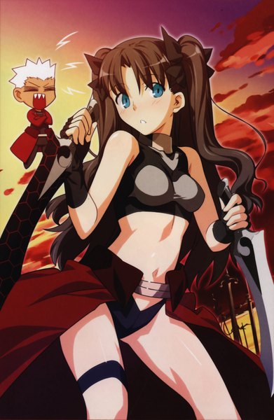 Anime picture 2412x3698 with fate (series) fate/stay night studio deen type-moon toosaka rin long hair tall image highres blue eyes black hair twintails teeth dark skin chibi sharp teeth girl gloves weapon sword fingerless gloves