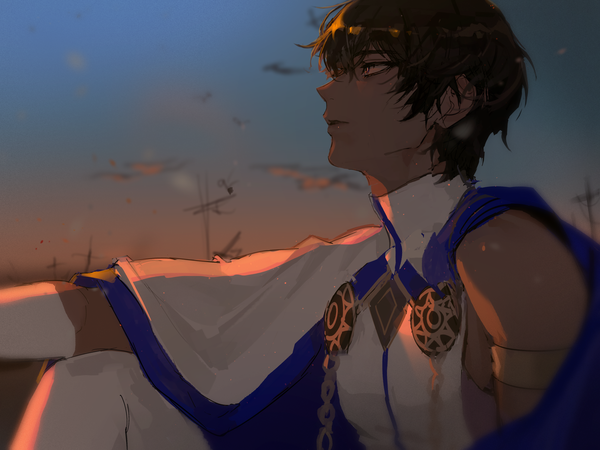 Anime picture 4000x3000 with fate (series) fate/grand order arjuna (fate) nang z1 single highres short hair brown hair looking away absurdres sky profile orange eyes dark skin evening boy