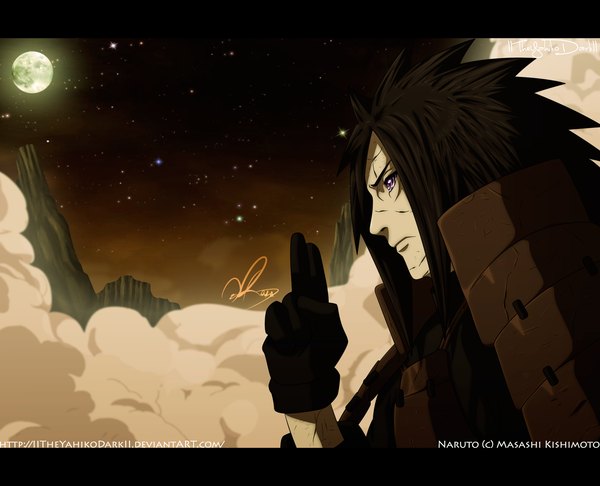 Anime picture 1600x1297 with naruto studio pierrot naruto (series) uchiha madara iitheyahikodarkii single long hair black hair purple eyes cloud (clouds) profile night night sky coloring letterboxed dust rinnegan boy gloves armor