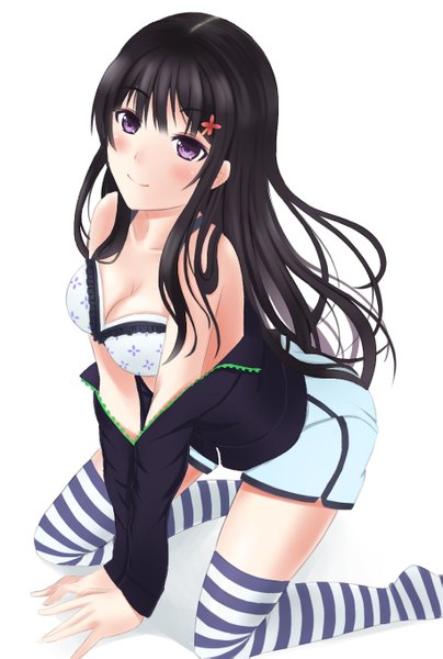 Anime picture 915x1357 with original harami single long hair tall image looking at viewer blush breasts light erotic black hair simple background white background purple eyes girl thighhighs lingerie bra striped thighhighs