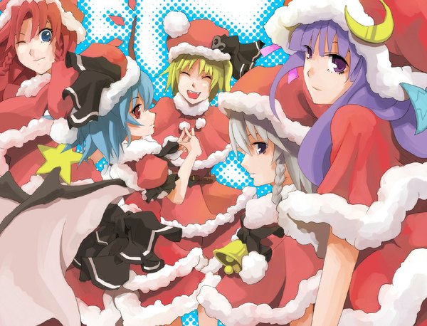 Anime picture 1008x770 with touhou flandre scarlet remilia scarlet izayoi sakuya patchouli knowledge hong meiling dain long hair fringe short hair open mouth blue eyes blonde hair red eyes purple eyes multiple girls blue hair purple hair red hair eyes closed