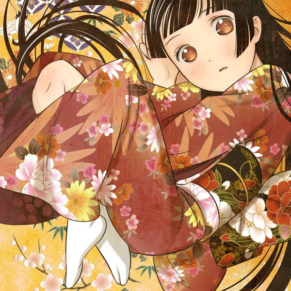 Anime picture 2000x2000 with original hino kahoru blush highres black hair brown eyes japanese clothes loli girl flower (flowers) kimono