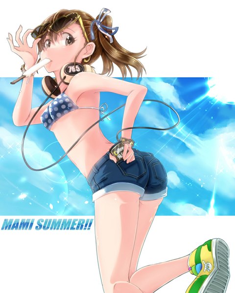 Anime picture 765x956 with idolmaster idolmaster (classic) futami mami ima (lm ew) single long hair tall image light erotic brown hair holding brown eyes sky cloud (clouds) looking back sunlight inscription character names mouth hold side ponytail headphones around neck