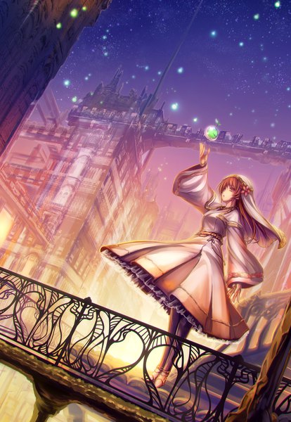 Anime picture 1450x2100 with original tenmaso single long hair tall image open mouth brown hair brown eyes looking away full body arm up wind night night sky girl dress building (buildings) bridge