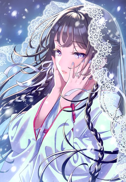 Anime picture 2406x3464 with original morikura en single long hair tall image looking at viewer blush fringe highres blue eyes brown hair upper body blunt bangs braid (braids) nail polish traditional clothes parted lips japanese clothes scan wide sleeves