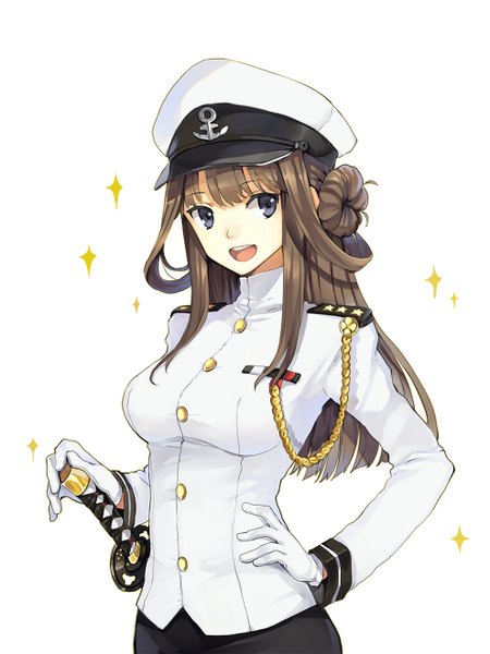 Anime picture 990x1320 with kantai collection kongou battleship hao (patinnko) single long hair tall image looking at viewer open mouth simple background brown hair white background sparkle grey eyes hair bun (hair buns) hand on hip girl gloves uniform weapon sword