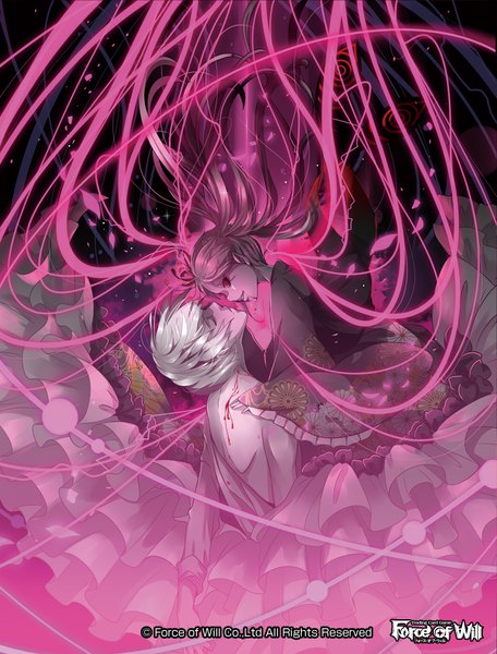 Anime picture 761x1000 with force of will nanahara tall image short hair smile red eyes twintails pink hair silver hair eyes closed very long hair head tilt profile wide sleeves official art copyright name floating hair magic floral print looking down
