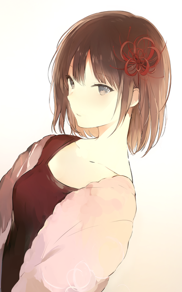 Anime picture 650x1038 with original lpip single tall image fringe short hair simple background hair between eyes brown hair white background brown eyes looking away upper body hair flower portrait girl flower (flowers) cardigan higanbana