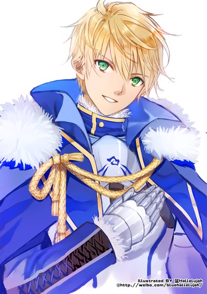 Anime picture 992x1403 with fate (series) fate/prototype arthur pendragon (fate) blue hallelujah single tall image looking at viewer fringe short hair blonde hair simple background hair between eyes white background green eyes signed upper body parted lips head tilt hand on chest boy