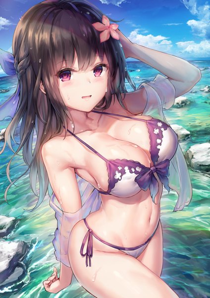 Anime-Bild 723x1023 mit original tama satou single long hair tall image looking at viewer blush fringe breasts open mouth light erotic brown hair large breasts standing bare shoulders sky cleavage cloud (clouds) outdoors braid (braids)