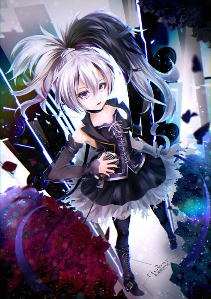 Anime picture 848x1200 with vocaloid flower (vocaloid) ajigo single long hair tall image looking at viewer open mouth black hair standing purple eyes white hair ponytail multicolored hair from above two-tone hair lacing girl thighhighs skirt