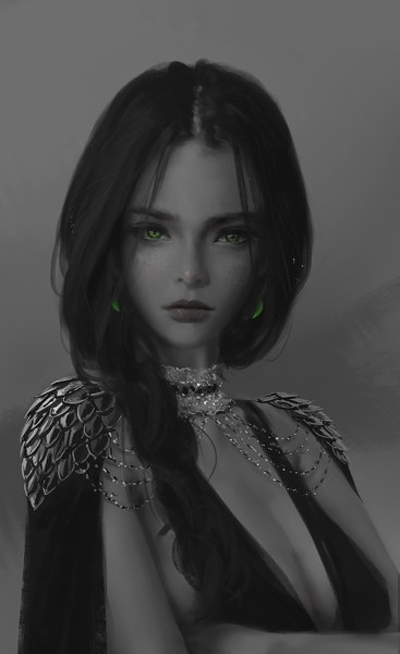Anime picture 1836x3000 with ghost blade aeolian wlop single long hair tall image looking at viewer highres breasts black hair simple background green eyes cleavage upper body braid (braids) lips realistic grey background single braid monochrome