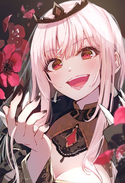 Anime picture 1920x2803 with virtual youtuber hololive hololive english mori calliope mori calliope (1st costume) syuri22 single long hair tall image fringe highres open mouth pink hair upper body nail polish :d pink eyes black nail polish girl flower (flowers)