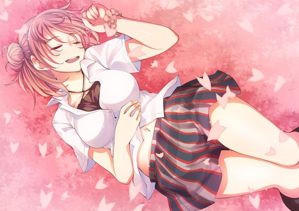 Anime picture 2000x1415 with yahari ore no seishun love comedy wa machigatteiru. brains base (studio) yuigahama yui akino sora single blush fringe highres short hair breasts open mouth light erotic smile hair between eyes pink hair bent knee (knees) lying eyes closed pleated skirt arm up