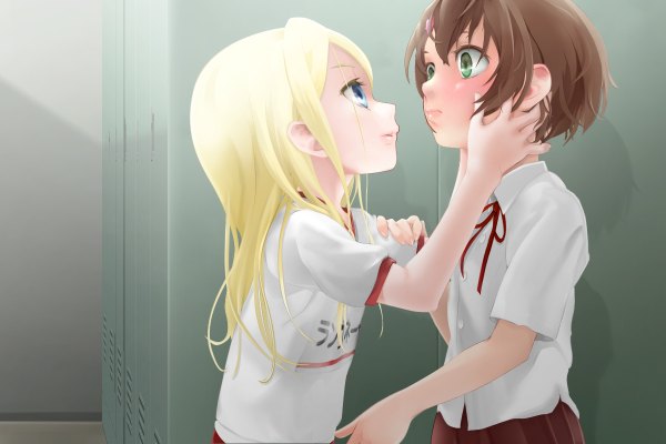 Anime picture 1200x800 with original yuki18r long hair blush short hair blue eyes blonde hair brown hair standing green eyes profile pleated skirt shadow couple clothes writing otoko no ko hands on face girl boy skirt