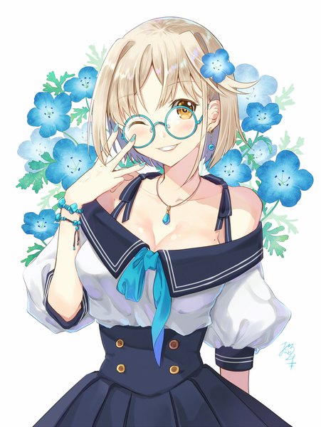 Anime picture 864x1149 with original nekozuki yuki single tall image looking at viewer blush fringe short hair breasts blonde hair simple background smile standing white background signed yellow eyes cleavage upper body nail polish pleated skirt