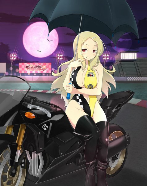 Anime picture 800x1007 with senran kagura shiki (senran kagura) yaegashi nan single long hair tall image light erotic blonde hair red eyes night official art night sky checkered race queen girl navel hair ornament animal boots hairclip