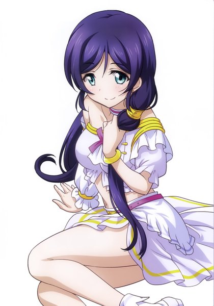 Anime picture 2144x3063 with love live! school idol project sunrise (studio) love live! toujou nozomi inou shin single long hair tall image looking at viewer highres blue eyes simple background smile white background twintails blue hair scan low twintails girl dress