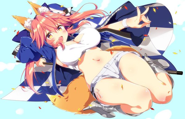 Anime picture 1000x647 with fate (series) fate/grand order tamamo (fate) (all) tamamo no mae (fate) sasorigatame single long hair looking at viewer blush fringe breasts open mouth light erotic simple background smile hair between eyes large breasts holding animal ears yellow eyes